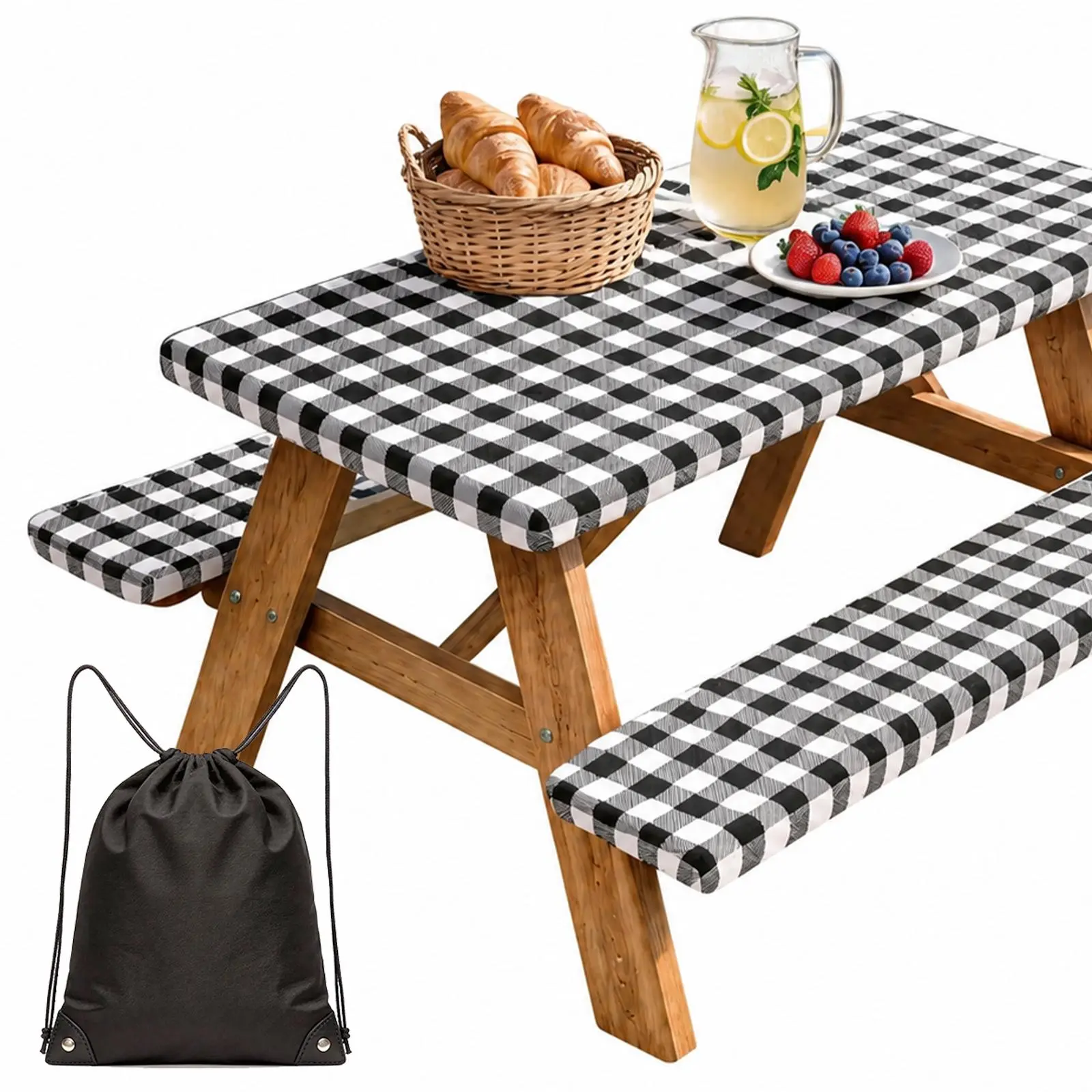 3-Piece 6FT Fitted Outside Table Cover Set - Vinyl Buffalo Plaid, Waterproof, Windproof, Elastic Edges, with Bench Covers & Carry Bag for Camping, Picnics