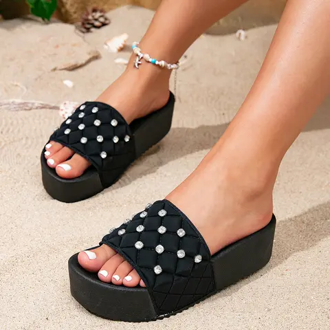 DZWE Women's Classy Elevated Sandals - Quilted Crystal Stud Strap Slip-Ons, Thick Cushioned Footbed, Non-Slip Outsole, Cozy Platform Lift, Breathable Beach-to-Party Summer Footwear (Shoes for Women, Sandals for Women)