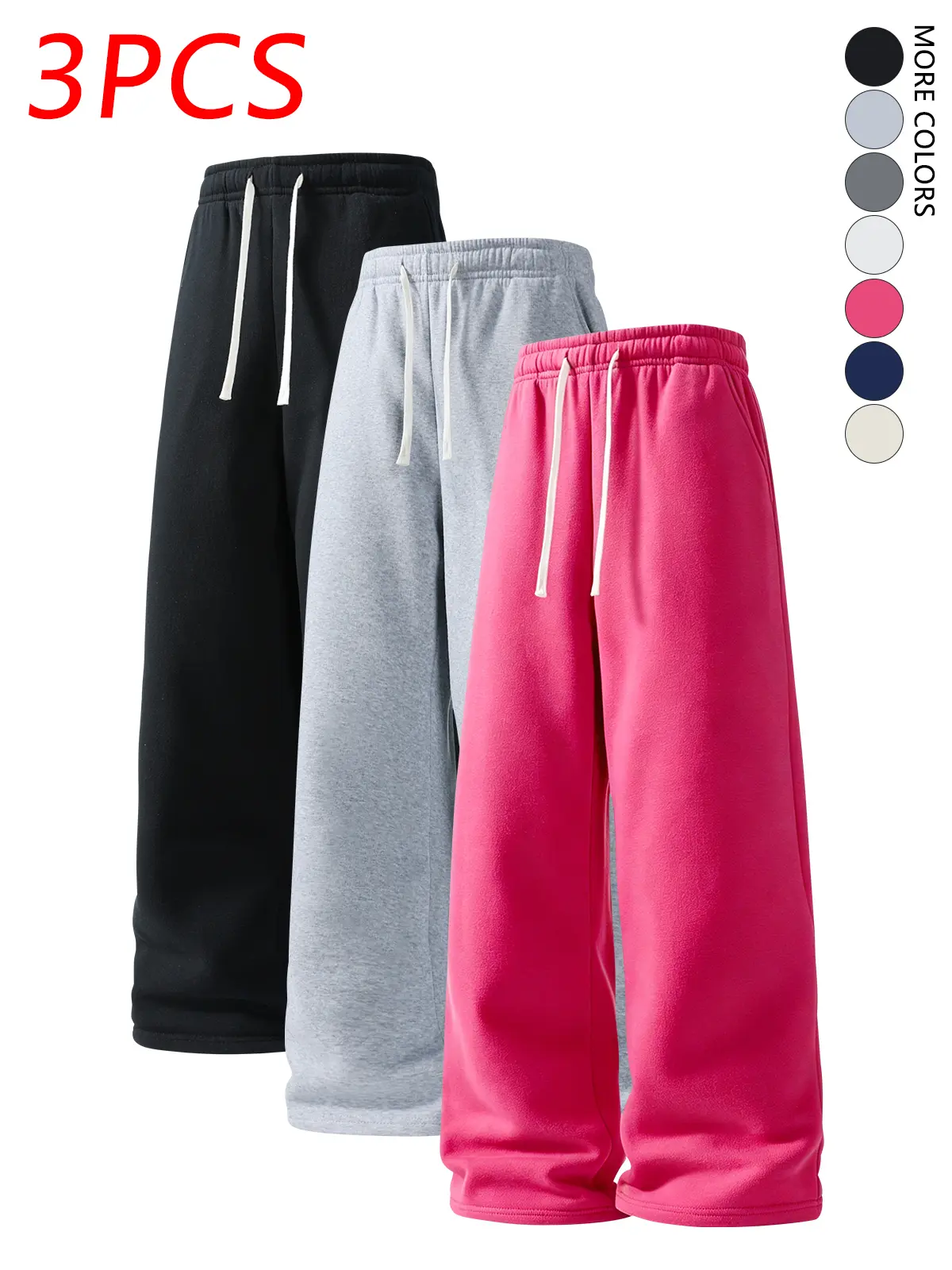 3-pack men’s solid-color drawstring loose straight-leg sweatpants, unisex multifunctional joggers, casual long pants, comfortable solid-color running pants suitable for everyday wear.Baggy wide-leg sweatpants, elastic drawstring waist, street style, loose