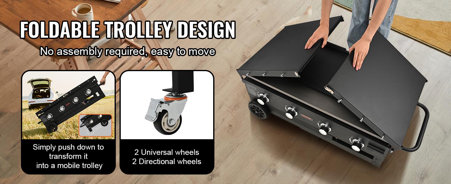 VEVOR Commercial Griddle on Cart, 36" Heavy Duty Manual Flat Top Griddle, Outdoor Cooking Station with Side Shelves, Steel LPG Gas Griddle, 4-Burners Restaurant Portable Grill - 60,000 BTU