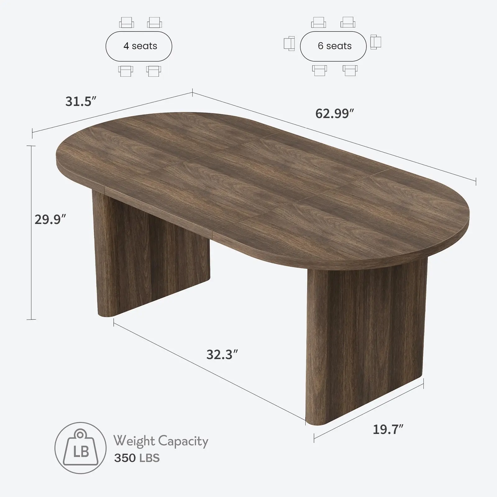 Garvee Rustic Farmhouse Style Oval Wood Veneer Indoor Dining Table, 63-70.87in Long Sturdy Wood Construction Pedestal Base, Water-Resistant, Scratch Resistant, Easy Assembly, Seats 4-8, Multiple Colors, Perfect For Kitchen, 350 Pounds, Family Meals, Oval