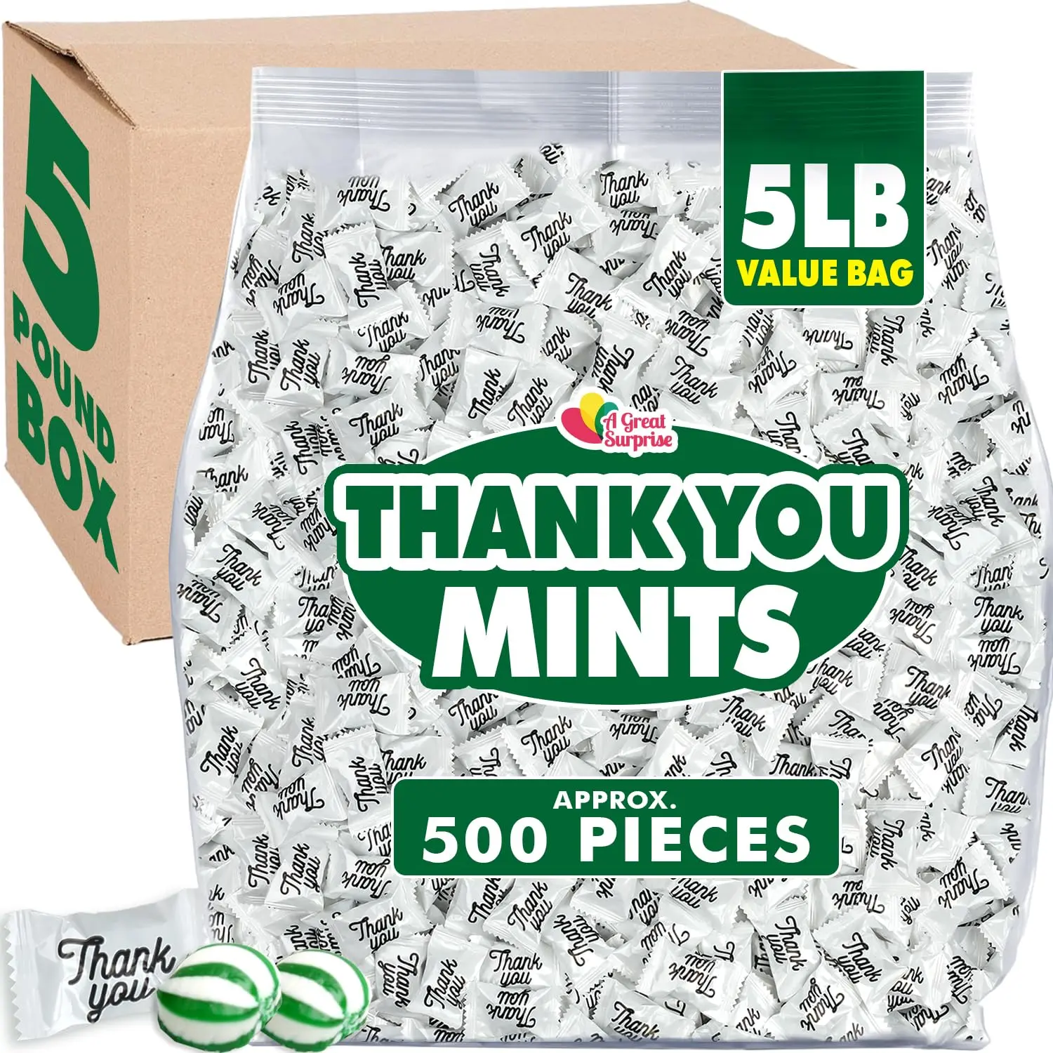 Thank You Hard Candy Mints, Spearmint, 5 Pounds Individually Wrapped