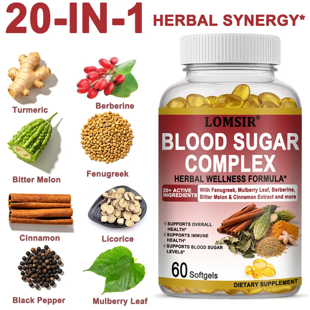 Blood Sugar Complex Supplement - 20+ Active Natural Herbs-Cinnamon, Bitter Melon, Mulberry Leaf, Fenugreek, Berberine, Vitamins for Energy Level, Vitality Support - 60 Softgels