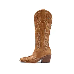 ReneChristine Women's Embroidery Western Cowboy Boots with Studs & Emerald Gemstones, Knee High Wide Calf Cowgirl Boots for Gatherings Weekend Hangouts fur boots knee high boots boots for fall brown boots cowgirl boots Classic wide calf boots SpringStatem