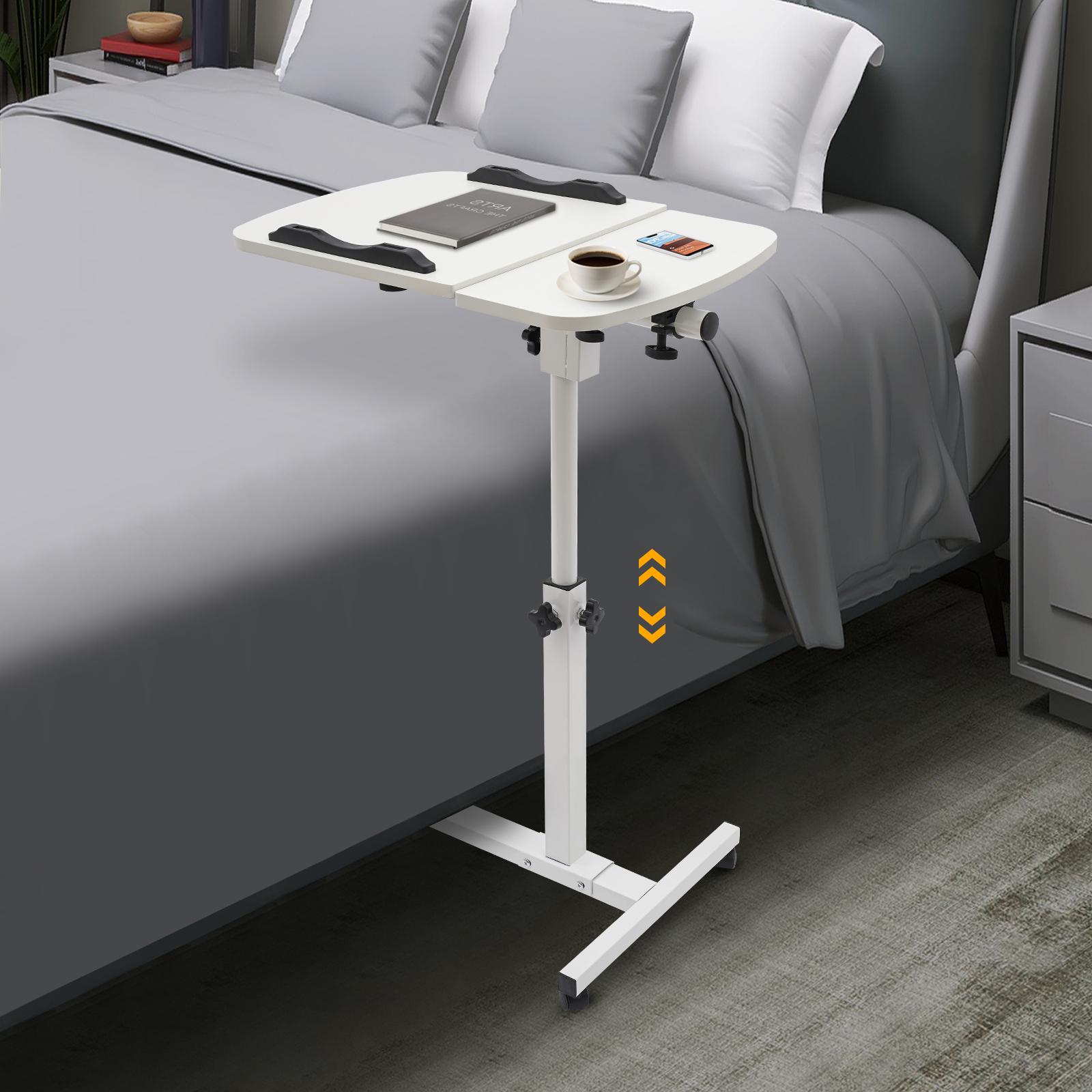 Modern Height-Adjustable Laptop Table with Locking Wheels, 40x40cm Tilt Top, Rolling Mobile Computer Workstation for Bedroom, Office White Study Desk