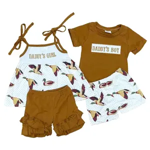 Adorable Matching Spring Set For Daddy's Boy and Girl ,Hunting Mallard Duck Short Shorts Outfit Sibling Casual Play Time Summer Wear
