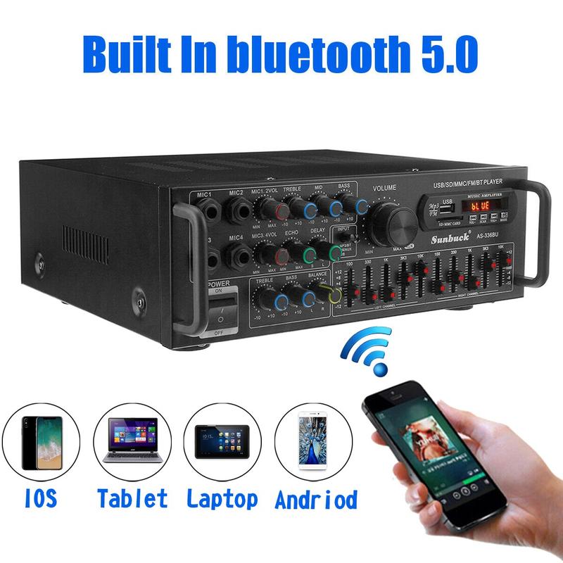 Bluetooth 5.0 HiFi 2000W(Peak) Stereo Power Amplifier For Home Car Mixer Radio Subwoofer Smartphone Audio Universal Karaoke FM USB SD AUX,Remote Control