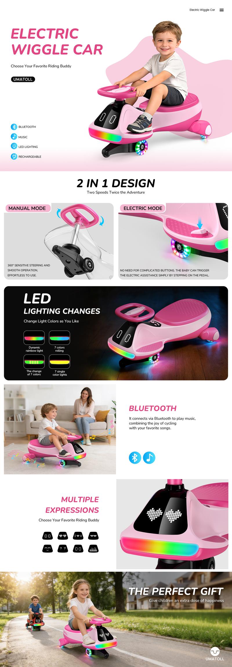 UMATOLL Electric Wiggle Car with Pedal Ride On Toys for Kids Ages 3 and Up Anti-Rollover Flashing Wheels Bluetooth Music Boys Girls Gifts Devil Drift Car whiteelephantgift