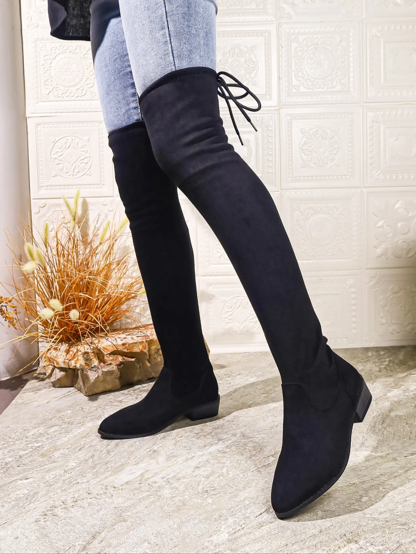 Women's Velvet Over-Knee Boots, Low Heel Slimming Tie-Up High-Top Knight Boots, Fashionable Fall & Winter Shoes, Low Heeled Boots