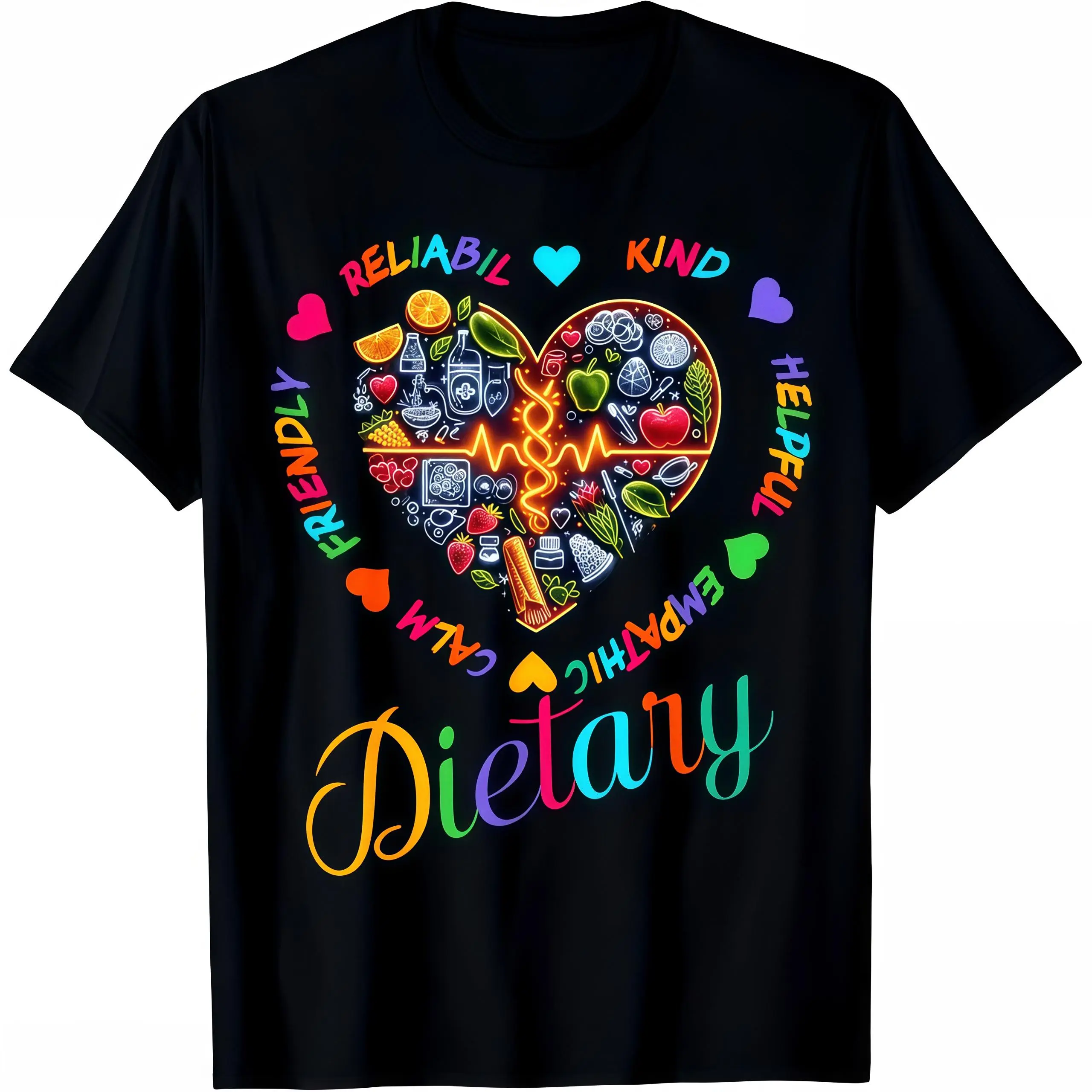 Dietitian Graphic T-Shirt with Rainbow Heartbeat, Breathable Unisex Relaxed Fit Short Sleeve Top for Nutritionist Appreciation, S, Hilarious Or Heartfelt Gifts, M, Dietary Workers
