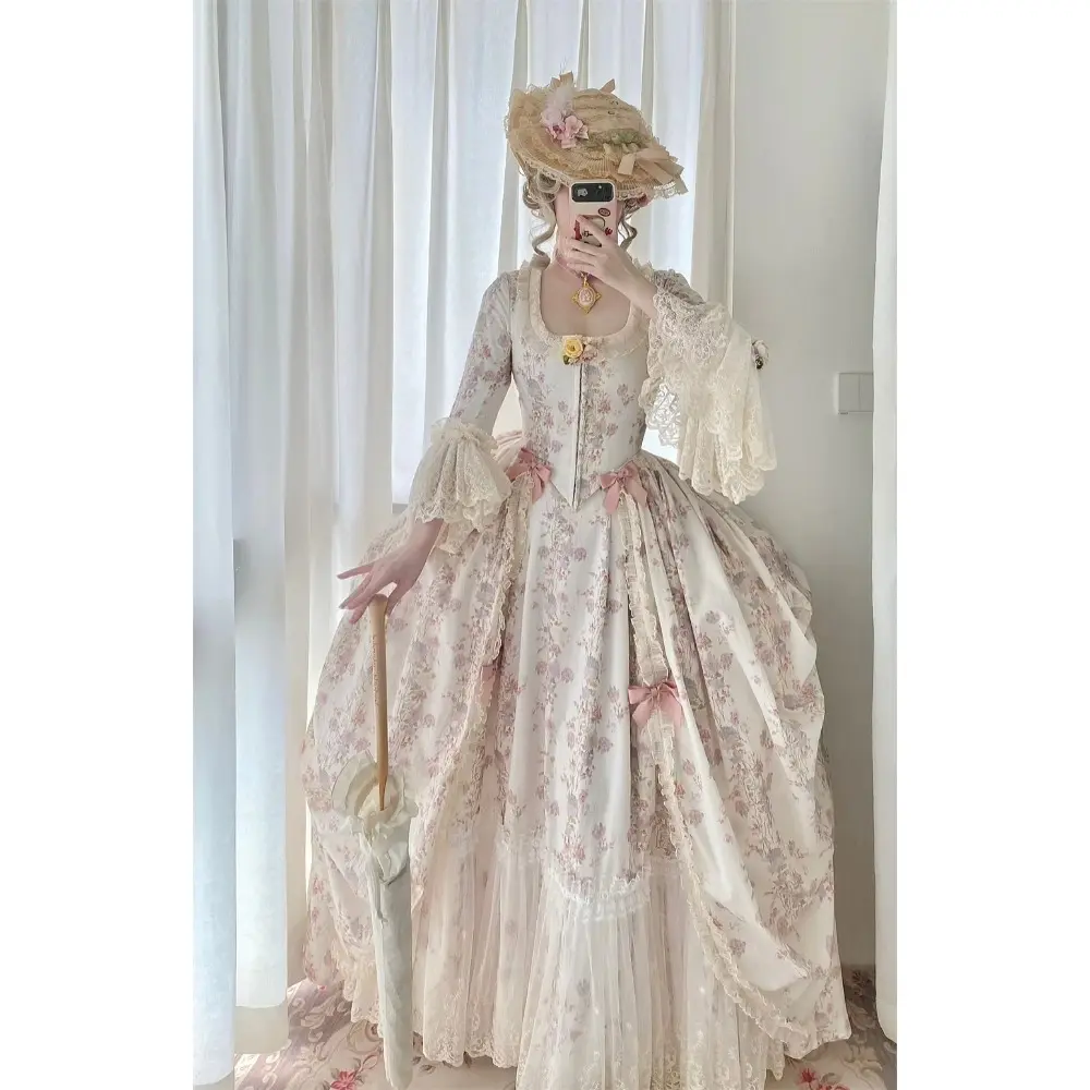 Women's 18th-Century Rococo Lace Formal Ball Gown - Marie Antoinette Inspired Glam, Elegant Evening Wear, Premium Woven Fabric, Flattering Fit Hip Design, Wide Pannier Silhouette, Full-Length, XXXL, Dry Clean