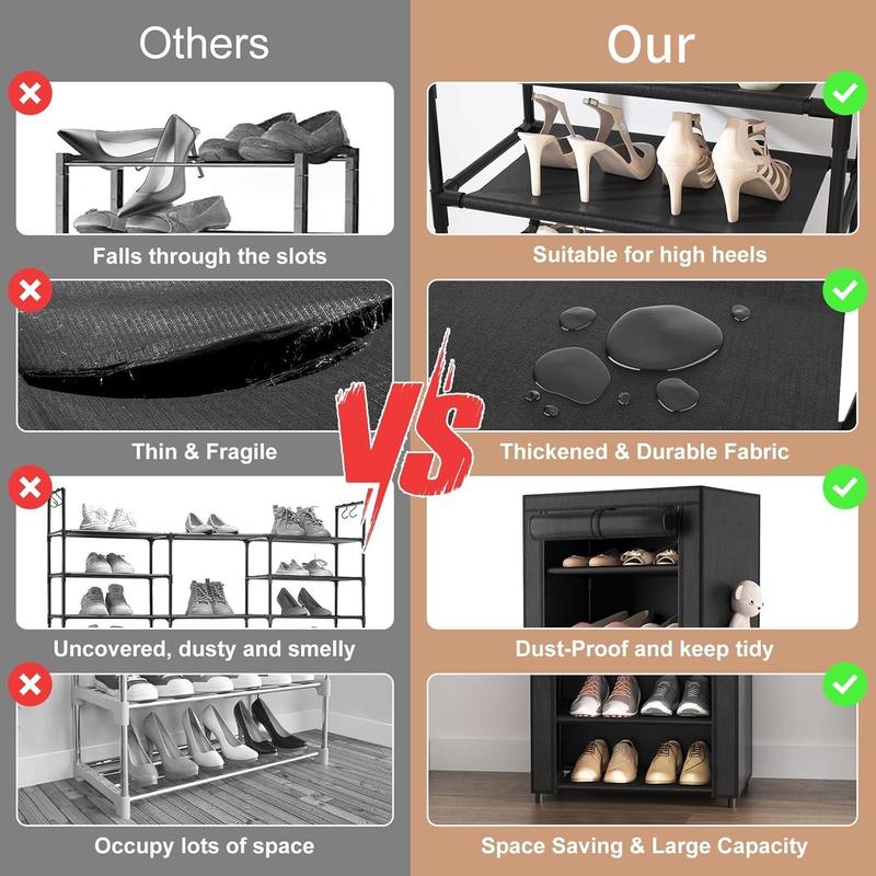 10 Tier Shoe Rack 9 Grids with Dustproof Cover, Adjustable Standing Shelf, Large Capacity Storage Rack, Dustproof Stackable, Freestanding Shoes Organizer, Plastic Metal, Black, Easy Installation