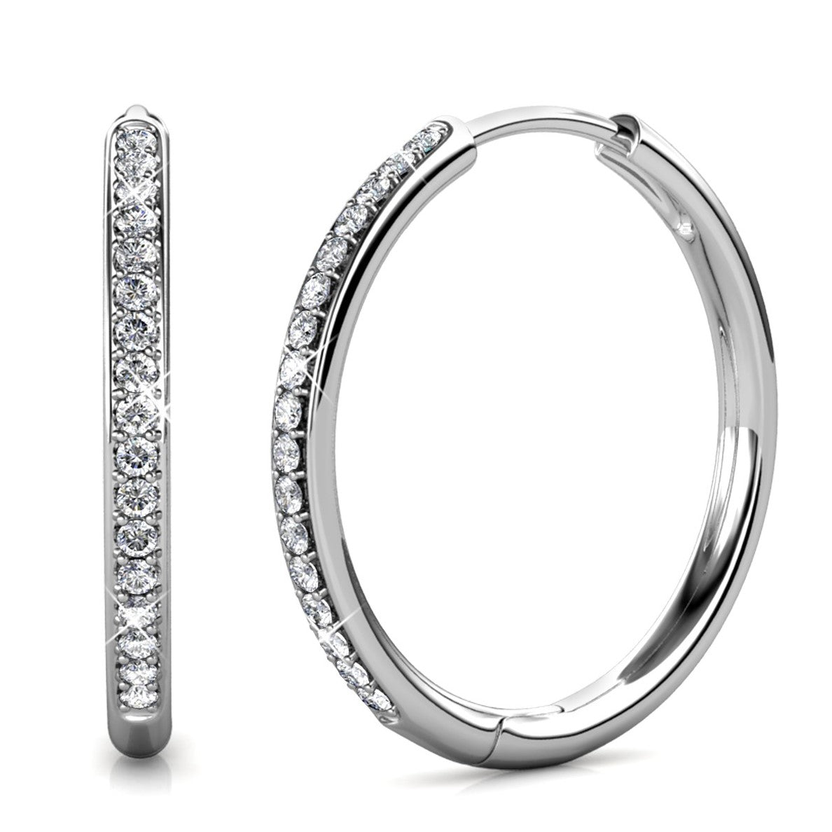 Cate & Chloe Bianca 18k White Gold Plated 25mm Hoop Earrings for Women – 34 Simulated Diamond Crystal Hoops – Hypoallerg