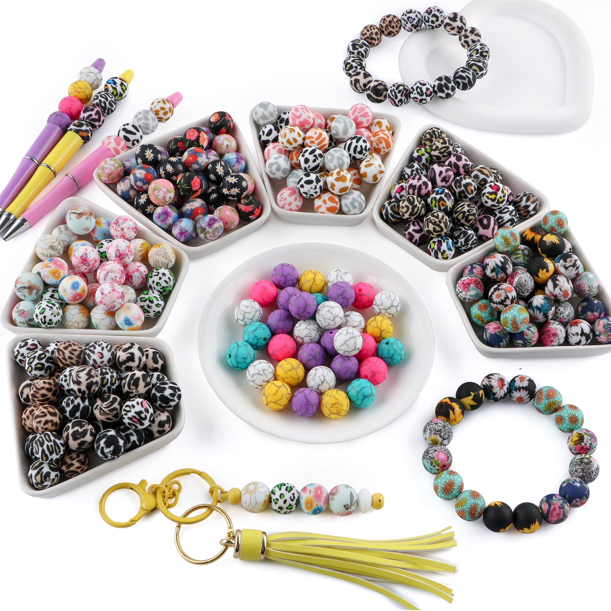 45PCS Round Silicone Beads 15mm,Pink Yellow Black Sunflower Leopard Butterfly Cow Print Silicone Beads for Keychain Making,DIY Crafts