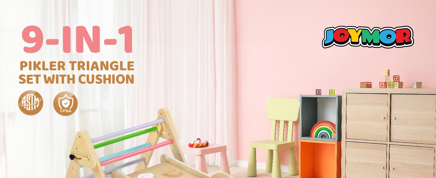 JOYMOR 9-in-1 Pikler Triangle Set with Cushion (Large), Montessori Wooden Climbing Set for Toddlers with Colorful-Patterns Rocks, Seesaw, Arch, Foldable Ladder, Ramp, Toddler Climbing Toys Indoor