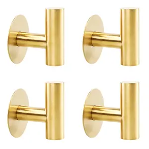 4 Pcs Towel Hooks, Brushed Gold SUS 304 Stainless Steel, Self Adhesive Coat Robe Hooks for Bathrooms Kitchen Waterproof Wall Hooks
