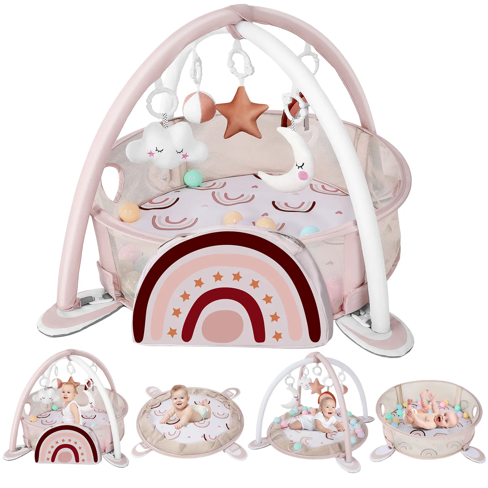 Dearlomum Multi-Use Unisex 4-in-1 Baby Play Mat Rainbow Baby Gym - Floor Activity Center, Sensory Playset with 30 Balls & 5 Sensory Toys for Newborn Toddlers, Play Mats for Floor, Playpen Gift, Gifts, Rainbow Theme, Toy Attachments, Gym + Floor Play