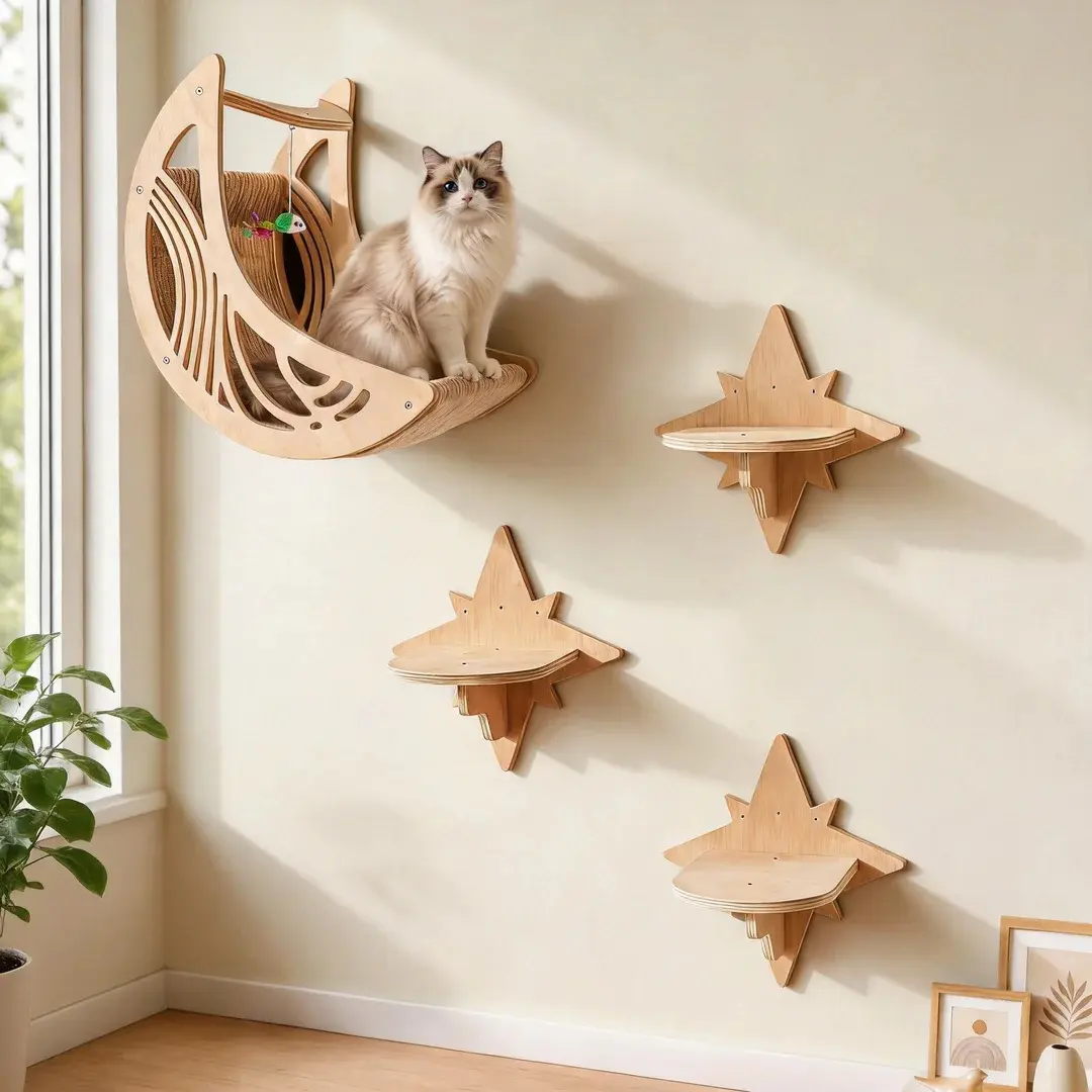 Moon & Star Cat Wall Shelves, Modern Wooden Cat Furniture with Decorative Cutouts, Space-Saving Cat Climbing System & Floating Perch for Indoor Cats