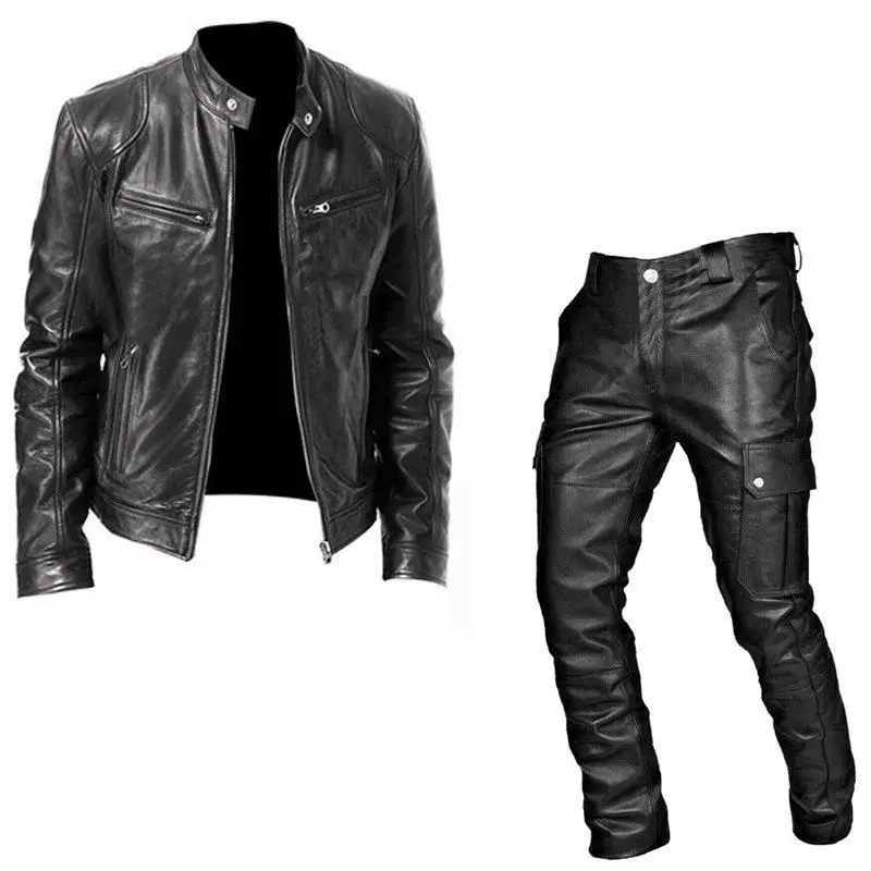 Fall Winter Men Suit Leather Clothes Leather Pants Two-Piece PU Leather Casual Suit Medieval Clothes