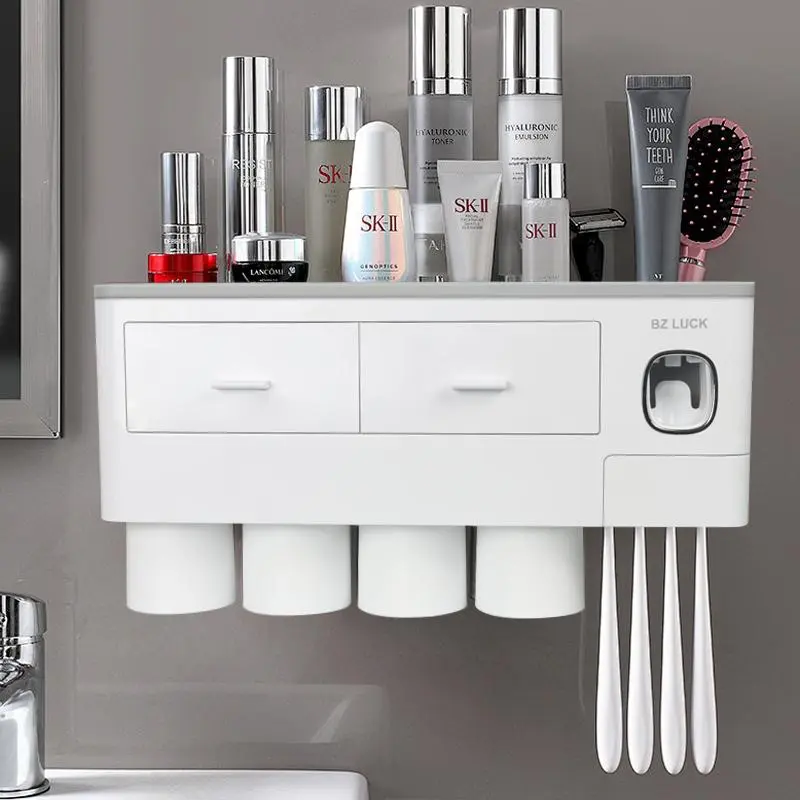 2-4 Cup Toothbrush Holders for Bathrooms - Wall Mounted with Toothpaste Dispenser - CosmeticDrawe, Large Capacity Tray & Bathroom Accessories Bottles Home Goods Organizer Organizing tiktokshopspringglowup summervibes