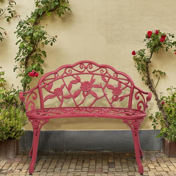 Outdoor Cast Aluminum Patio Bench for Garden Porch Antique Rose Vintage Style Weather Resistant Durable Red Finish Outdoor Cast Aluminum Patio Bench for Garden Porch Antique Rose Vintage Style Weather Resistant Durable Red Finish