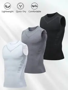 Bestie 3-piece Men's Sports Vest Set Crew Neck Sleeveless Shirt Outdoor Sports Top Geometric Stripe Pattern High Elasticity Breathable Sweat-wicking for Fitness Night Running Soccer Basketball - Menswear non-sensitive good penny tees