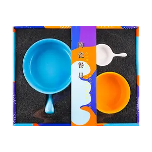 Yami Selects Ceramic Tableware Gift Set for One - Blue Single Handle Bowl, Yellow Rice Bowl, White Dipping Dish, Chopsticks - Microwave, Oven, Dishwasher Safe