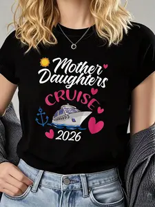 100% Cotton 2026 Mother Daughter Cruise | Pink & Blue Tones Outline Parent Nautical Warmth Letter Print Women'S T-shirt, Short Sleeve Crew Neck Casual Top for Spring & Summer, Women'S Clothing