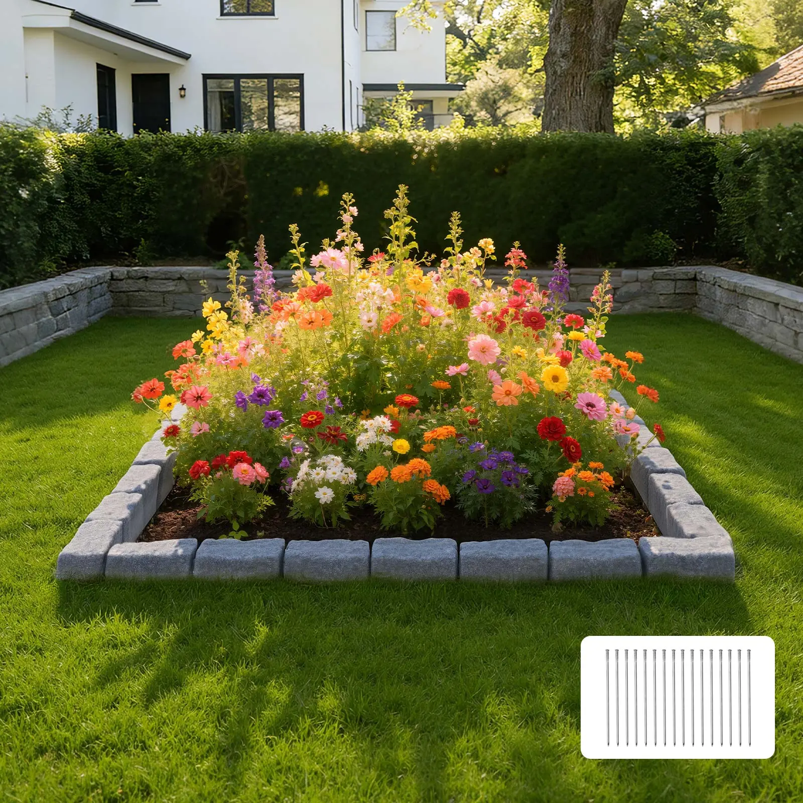 【SummerFinds】VEVOR No-Dig Plastic Faux Stone Landscape Edging Kit, 15.5 ft, 4-Pack (6 Bricks/Section, 46.46"L x 3.74"W x 2.24"H), 16 Spikes, 4 Corners, Gray, Realistic Texture, Easy Installation for Stone Decor, Walkways