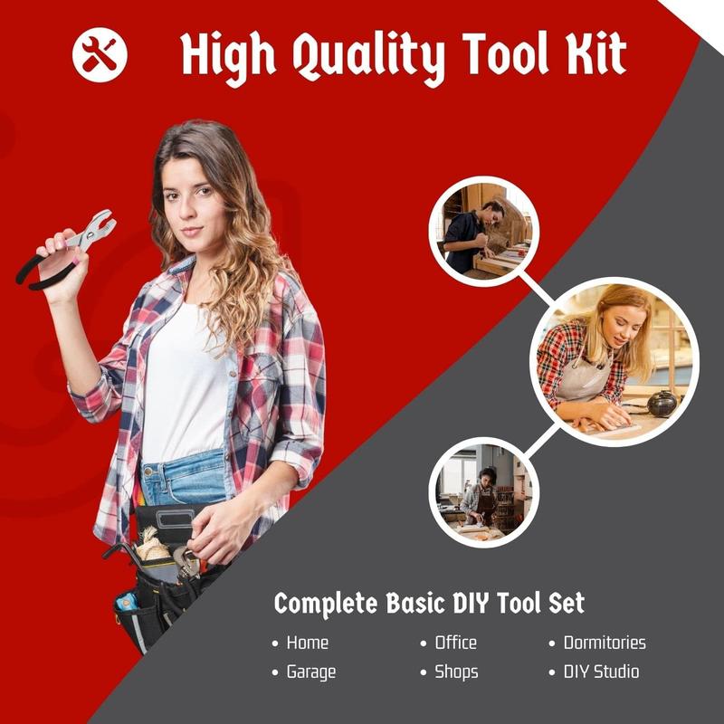 39-Piece Red Household Tool Kit, All-in-One Basic Home Repair & DIY Tool Set with Portable Plastic Toolbox, Essential Tools for College Students, Renters & Homeowners