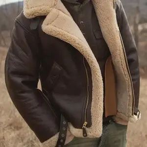 Mens Bomber Jacket Vintage Faux Fur Coat Sherpa Lined Heavyweight Shearing Coat Faux Leather Jackets