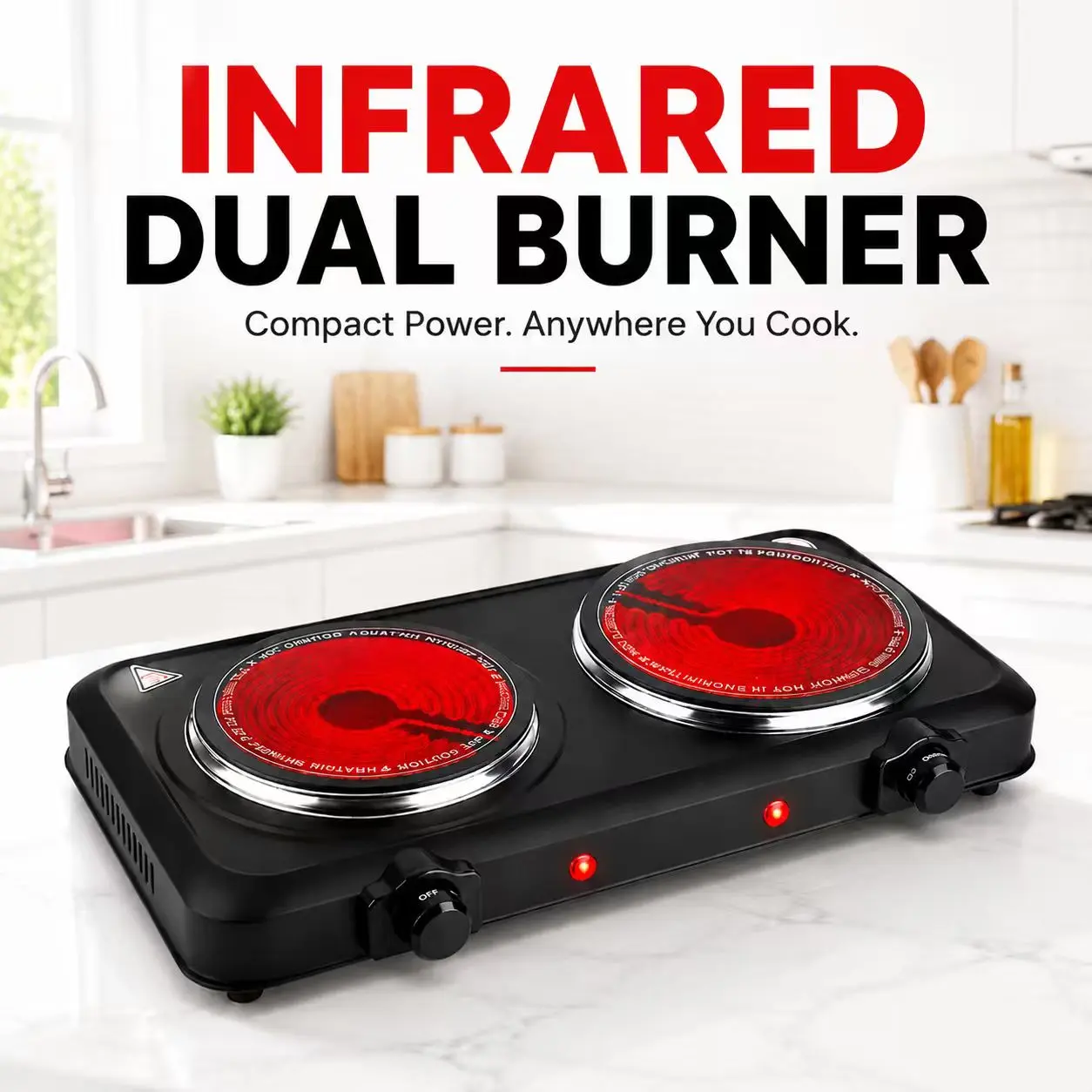 1800W Portable Dual Burner Cooker Stove - 110V/60Hz Infrared Camp Stove with 7.5in & 6.3in Tempered Glass Cooktop, Iron Shell, Stepless Temperature Adjustment for Dorms, RV Countertop Use - 5380, Portable Kitchen, Auto Thermostat, Camping, Camper Must Hav