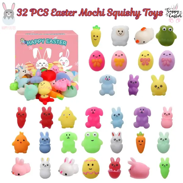32 PCS Easter Mochi Squishy Stress Relief Toys - Latex-Free, BPA-Free Safe Material for Kids, Children Development, Easter Basket Stuffers, Egg Fillers with Storage Box