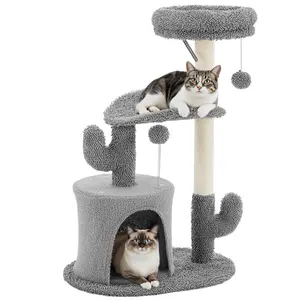33in Cactus Cat Tree with Cozy Nest - Multi-Level Climbing Shelf with Toys & Scrching Posts, Space-Saving