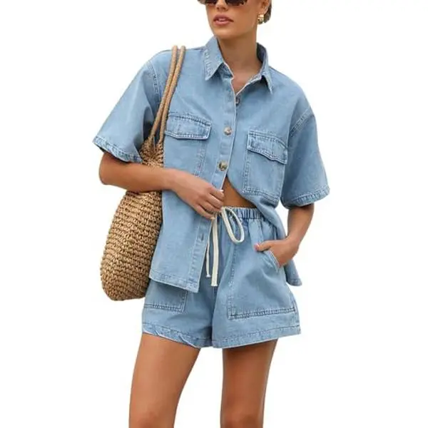 Chouyatou Women's Summer Denim Shirt and Shorts Two-Piece Set Short-Sleeve Button-Down Shirt with Elastic Waist Wide-Leg Shorts Casual Outfit Lightweight Breathable Set