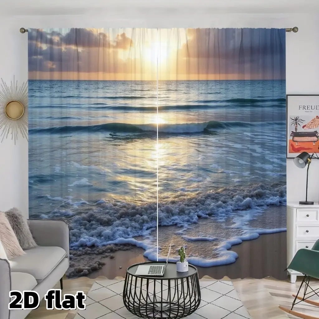 2D Flat 2Pcs Ocean Sunset Beach Curtains, Coastal Themed Rod Pocket Window Panels, Sea Wave Pattern Sheer, Semi Polyester Fabric, Suitable for Living Room Bedroom Kitchen Bathroom Balcony Decor, House Decoration, Easy to clean. Window Drapes