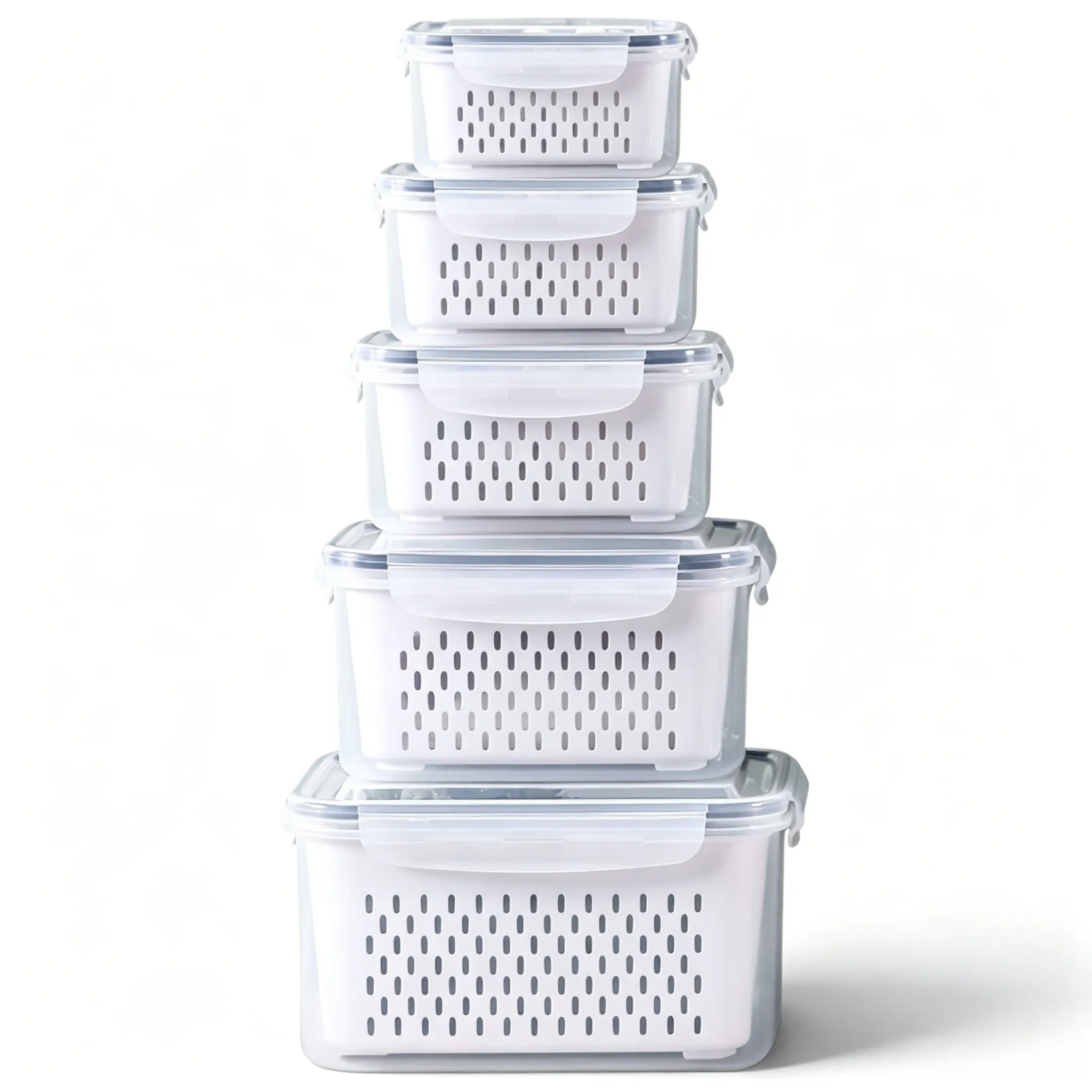 5 PCS Large Fruit & Vegetable Storage Containers for Refrigerator – Leakproof Food Storage Boxes with Removable Colander, Clear Plastic Produce Keeper, Berry, Meat & Snack Freshness, Microwave, Dishwasher & Freezer Safe, BPA Free