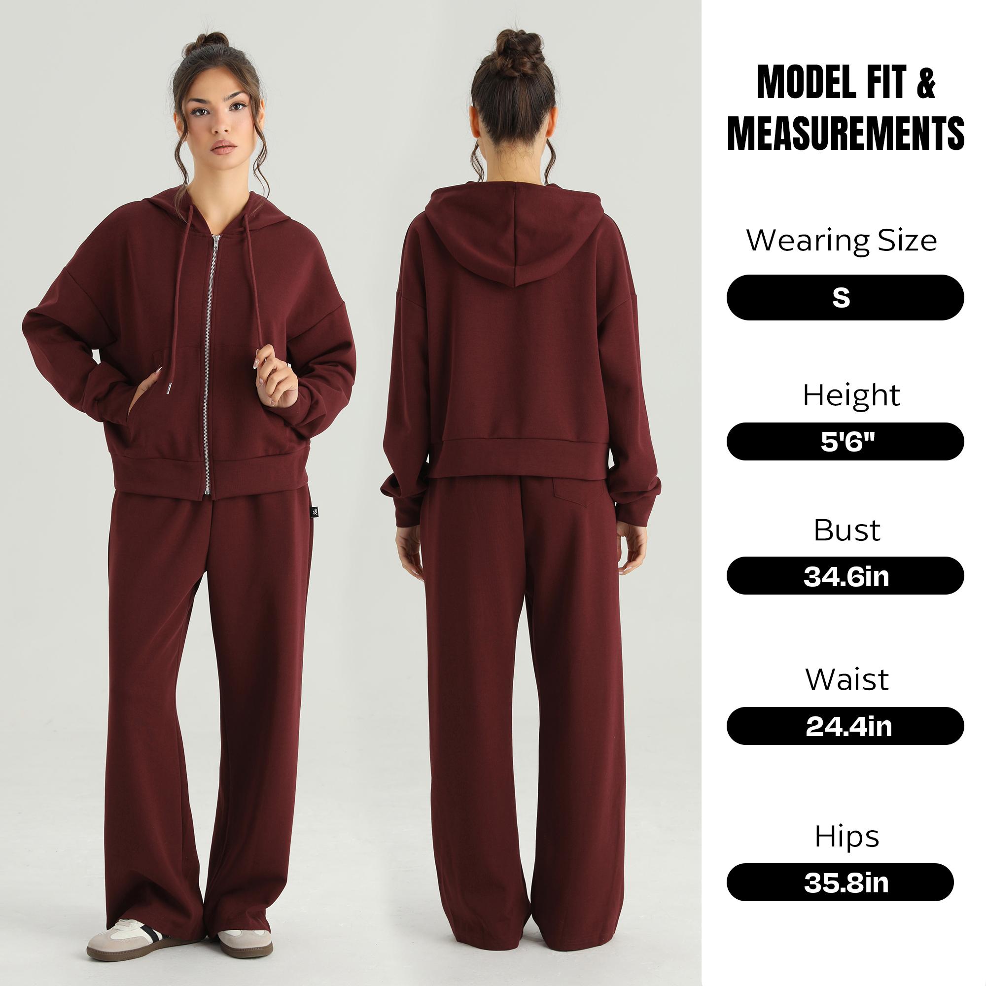 KatchMe Women's Leisure Solid Color Hooded Zipper Hoodie & Wide Leg Trousers Co-ord, Basic Two Piece Outfits for Fall & Winter, Cozy Versatile Set(2)