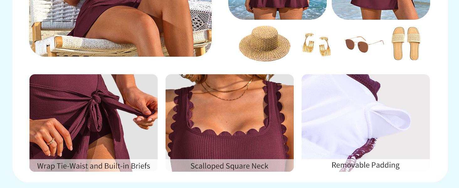 Charmo One Piece Swim Dress Scalloped Modest Swimsuits for Women Tummy Control Bathing Suit with Skirt Square Neck