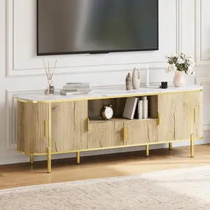 Garvee 70in Fluted Media Console with Curved Sliding Doors, Faux Marble Top, Adjustable Shelves, Natural Oak Finish, Fits Large Screens Up to 80", Elegant Wooden Entertainment Center for Living Room
