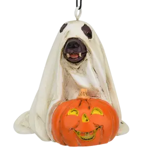 Tree Buddees Cute Dog Dressed As Ghost with Pumpkin Halloween Christmas Ornament Hand Painted Resin Indoor Home Decor Gift Ideas 2.5 x 2.5 Inches