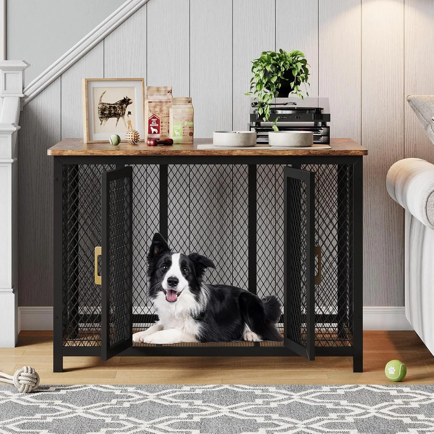 48" Heavy Duty Steel-Wood Dog Crate Furniture - Large Steel Frame Wooden Kennel, Easy Clean End Table with Waterproof Top & Multi-Door Lock