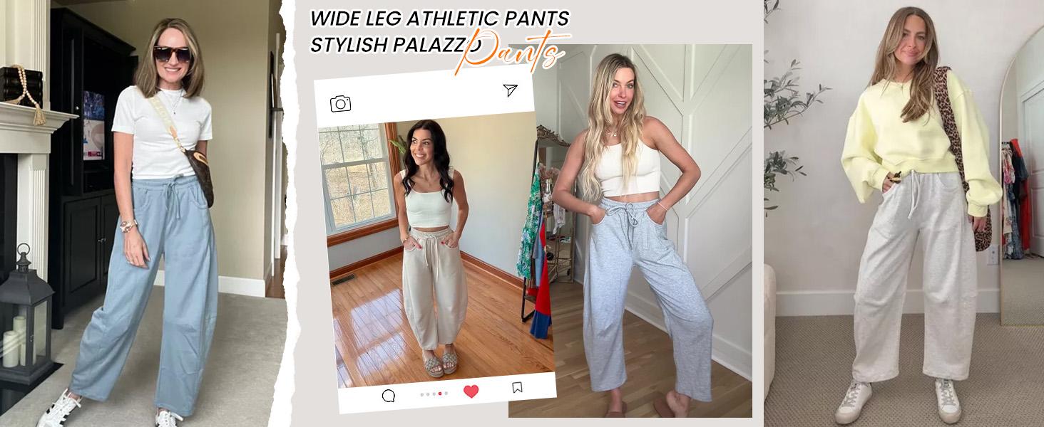 Tanming Women's Barrel Leg Pants Basic or Fleece Lined Elasticated Waist and Soft Wide Leg Pants with Pockets Casual All-Season Sweatpants