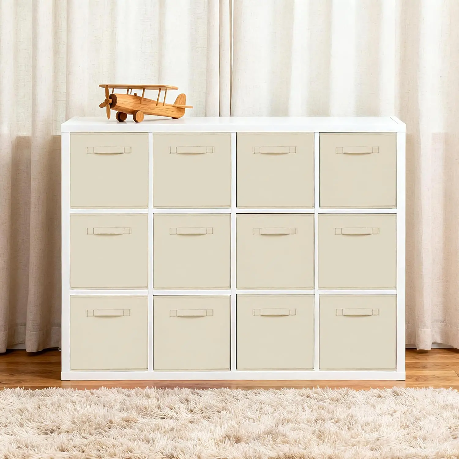 12-Pack Beige Collapsible Fabric Storage Cubes with Handles, 11in Foldable Organizer Boxes for Shelf, Drawer, Room - Decorative Home Organizer Bins