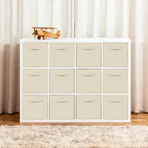 12-Pack Beige Collapsible Fabric Storage Cubes with Handles, 11 Inch Foldable Organizer Bins for Shelves, Closet, Nursery & Home Decor