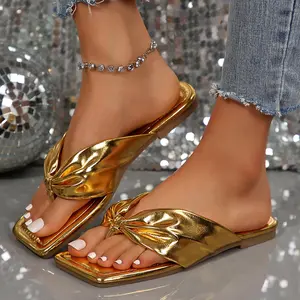 Women's Flip Flops Shiny Metallic Bow Sandals Square Toe Thong Slides for Beach & Party Summer Vibes