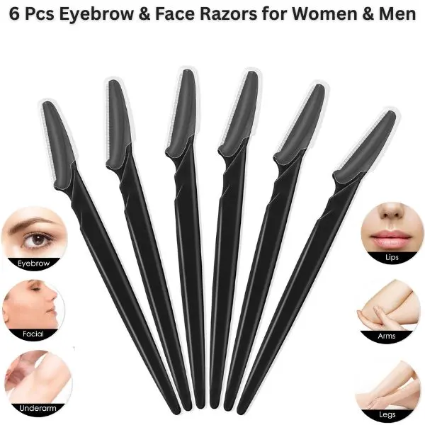 6 Pcs Smooth Cosmetic Eyebrow & Face Razor Set - Dermaplaning Facial Hair Removal Kit, Eyebrow Trimmer & Peach Fuzz Shaver with Covers (Black)