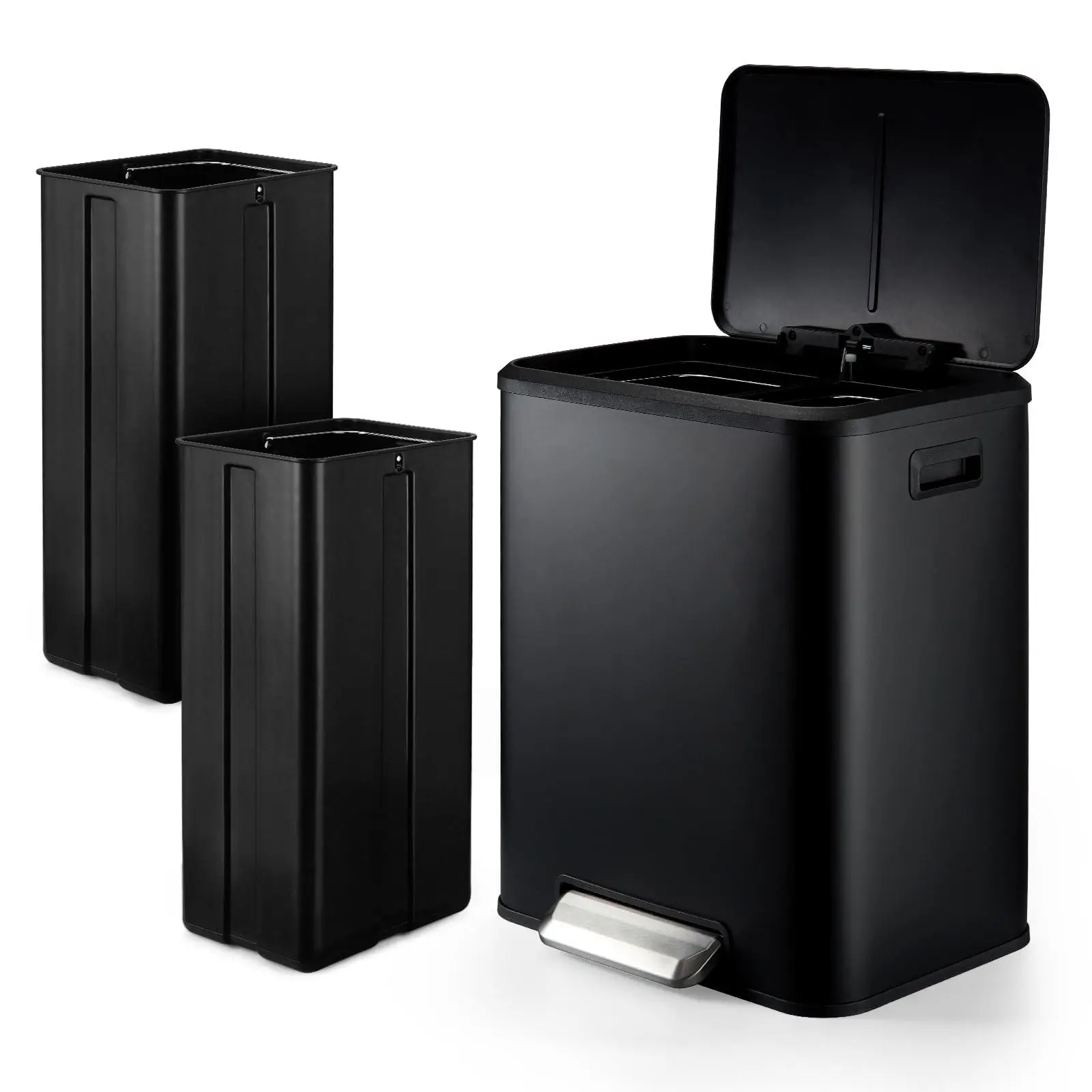 GARVEE Stainless Steel Rectangular 30L (2x15L) Double Compartment Pedal Operated Waste Bin - Soft Close Lid, Removable Buckets - Ideal for Kitchen, Office - Indoor Furniture Waste Management, Black
