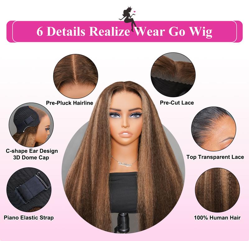 BGMgirl Highlight Brown Kinky Straight 6*4 Wear Go Glueless Pre Plucked Pre Cut Lace Closure Colored Wig Human Hair Wig eve valentines day gift