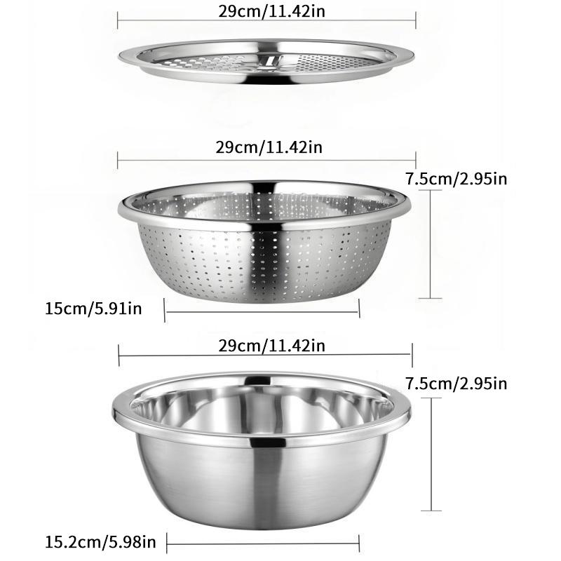 3-In-1 Stainless Steel Multi-Functional Strainer Set, Includes Basin/sieve/cutter, Ideal for Washing Rice Fruits Vegetables Kitchen Essentials